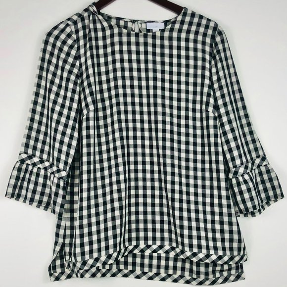 J JILL Small Top Tunic Shirt Gingham Plaid  Black White Bell Sleeve Fall Chic - Picture 2 of 4